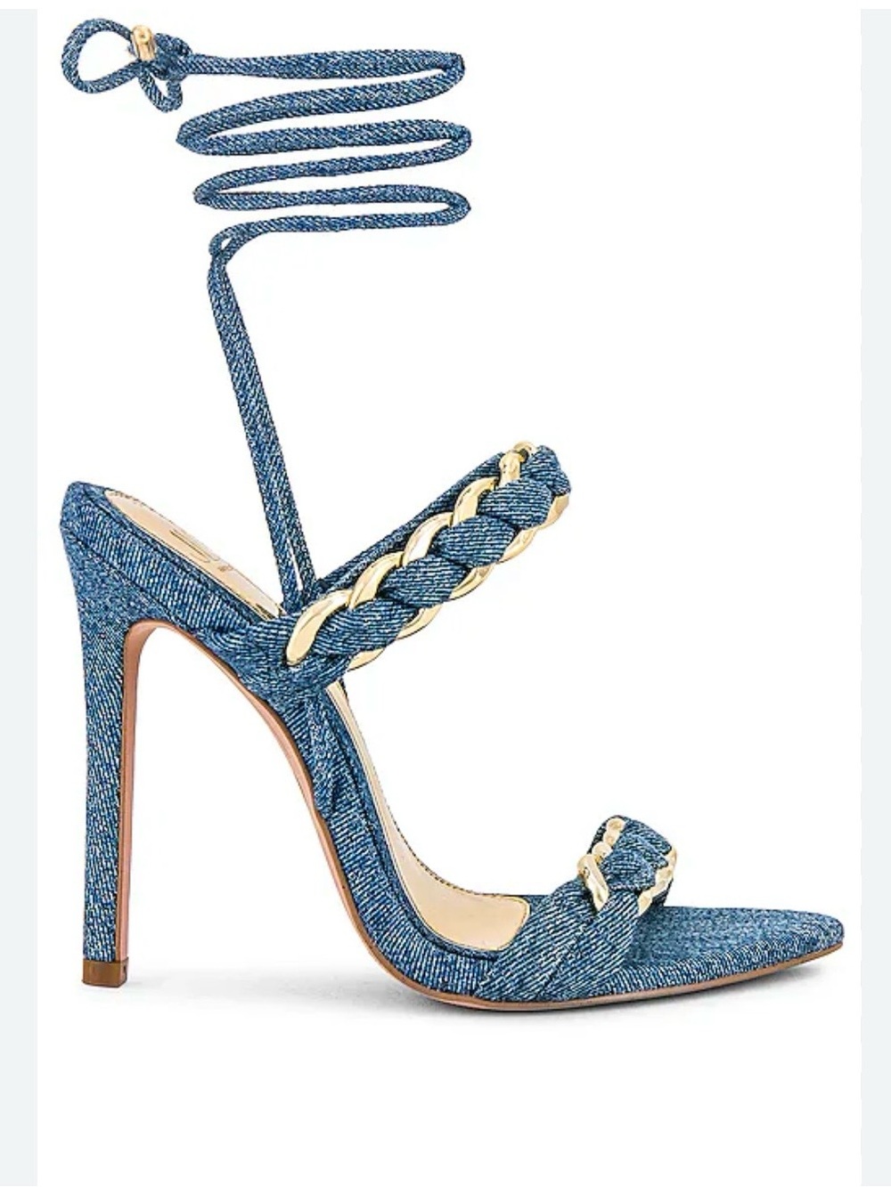 Jennifer Lopez Denim Blue Braided Lace-Up Stiletto Sandal with Gold Chain